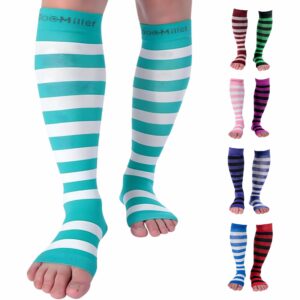 Doc Miller Compression Socks for Pregnant Women – Wide Calf, Open Toe Knee Sleeve 15-20 mmHG,Toeless Pregnancy Stockings for Varicose Veins, Footless Shin Splint Relief, 1 Pair Small Teal-White