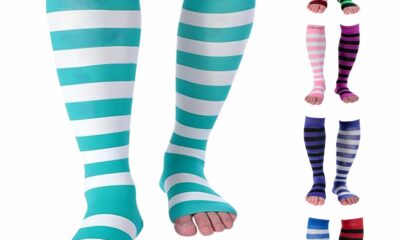 Doc Miller Compression Socks for Pregnant Women – Wide Calf, Open Toe Knee Sleeve 15-20 mmHG,Toeless Pregnancy Stockings for Varicose Veins, Footless Shin Splint Relief, 1 Pair Small Teal-White product image