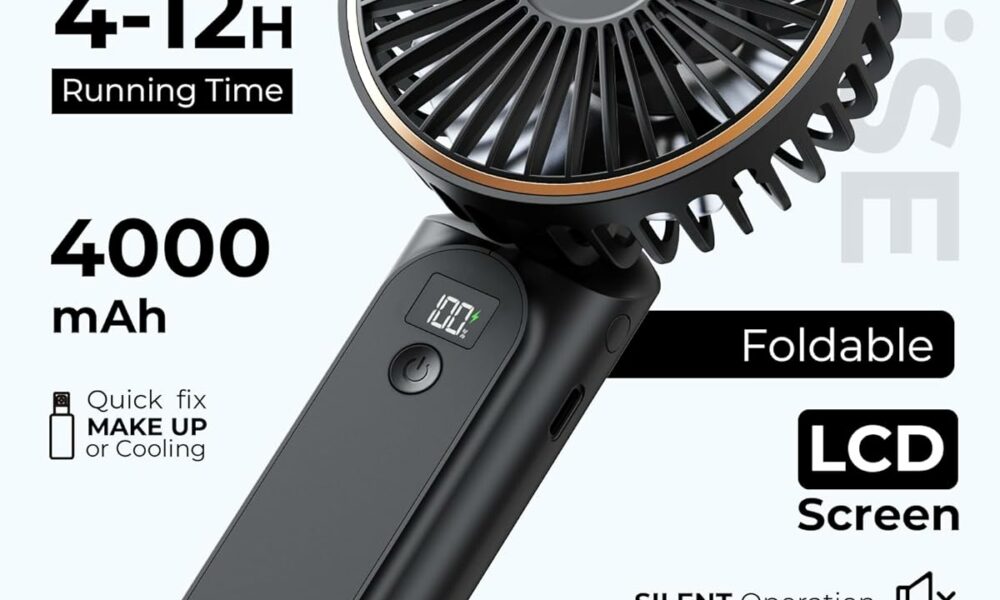 Portable Handheld Fan, Portable Fan Rechargeable, 4000mAh, 180° Adjustable, 6 Speed Wind, Display Electricity in Real Time, USB Rechargeable Foldable F an, Quiet Personal Fan as Power Bank Black product image