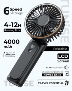 Portable Handheld Fan, Portable Fan Rechargeable, 4000mAh, 180° Adjustable, 6 Speed Wind, Display Electricity in Real Time, USB Rechargeable Foldable F an, Quiet Personal Fan as Power Bank Black product image