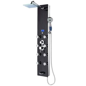 Blue Ocean 52" Aluminum SPA392B Tempered Glass Shower Panel Tower System with 8 Adjustable Massage Jets and Rainfall Shower Head & Tub Spout Black