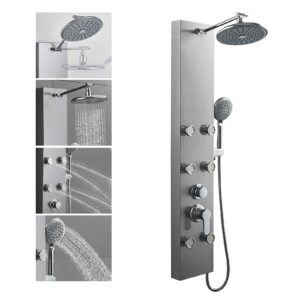 ROVOGO 304 Stainless Steel Shower Panels System with 8-inch Rainfall Shower, 6 Body Jets and 5-Setting Handheld Shower Wand, Shower Tower with Adjustable Head, Brushed Brushed Panel+Chrome Fixtures
