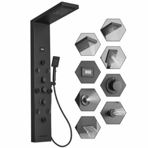 Stainless Steel Shower Panel Tower System Rain Massage System 6 IN 1 Body Spray Jets Shower Wall Panels Rainfall Waterfall Shower Head Tub Spout with Temperature Display,Matte Black Matte Black 6 IN 1