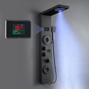 ROVATE LED Shower Panel Tower System with Rainfall Mist Shower Head, Matte Black 6-in-1 Shower Tower with Jets and Handheld and Digital Temperature Display, High Pressure Shower Column with Tub Spout