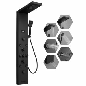 Shower Panel Tower System, Stainless Steel Multi-Function Shower Panel, Shower Tower with 5 Body Jets Handheld Shower Wand Tub Spout and Rainfall Head Temperature Display, Black Black 5 Functions with Display