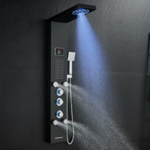 ROVOGO Led Shower Panel Tower System with Mist Rainfall Shower, Body Jets, Handheld and Tub Spout, Hydroelectric Led Lights and Temp Display No Battery Needed, Simultaneous Shower Column Black 6-Function-Black-Water Powered