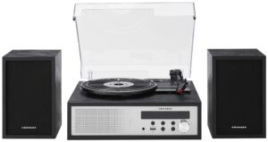 Crosley CR7022A-BK Sloane 3-Speed Bluetooth Turntable and FM Radio Shelf System with Matching Stereo Speakers, Black product image