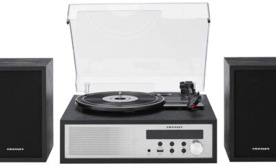 Crosley CR7022A-BK Sloane 3-Speed Bluetooth Turntable and FM Radio Shelf System with Matching Stereo Speakers, Black product image