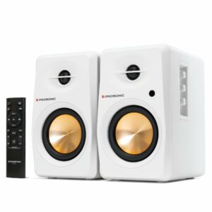Prosonic BT30 Powered Bluetooth Bookshelf Speakers, Studio Monitor, Home Theater, Turntable, with Optical Input, Coaxial Input, Aux Inputs, 4" Woofer 40W x 2, (White) product image