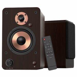LONPOO 100W Active Bookshelf Speakers, Bluetooth PC Speakers with 4'' Aluminum Woofer, Support Optical, Coaxial, RCA, USB, AUX-in Ports for or Smartphones, TVs, Desktops and Turntable (LP42M) Active Bookshelf Speaker-Brown product image