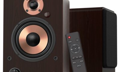 LONPOO 100W Active Bookshelf Speakers, Bluetooth PC Speakers with 4'' Aluminum Woofer, Support Optical, Coaxial, RCA, USB, AUX-in Ports for or Smartphones, TVs, Desktops and Turntable (LP42M) Active Bookshelf Speaker-Brown product image