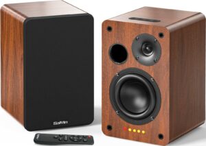Saiyin Bluetooth Bookshelf Speakers, 40W X 2 Powered TV Speakers with 4 Inch Woofer, Turntable Speakers with Optical/AUX Input/Subwoofer Line Out for PC and TVs product image