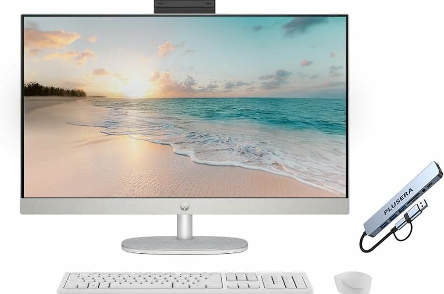 HP 27" FHD Touch-Screen All-in-One Desktop Computer, 12-Cores Intel Core Ultra 7 Processor, 64GB RAM 2TB SSD, Windows 11, Wireless Keyboard & Mouse, PLUSERA 8-in-1 Hub Included, White 64GB RAM | 2TB SSD Touch Screen product image