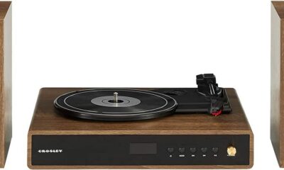 Crosley CR7019A-WA Alto 3-Speed Turntable Shelf System with Bluetooth, FM Radio, and Matching Stereo Speakers, Walnut product image
