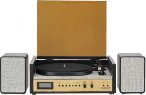 Crosley CR7017B-BK Coda 3-Speed Bluetooth Turntable and FM Radio Shelf System with Matching Stereo Speakers, Black CR7017B Coda, NP-15 Needle Black/Gold product image