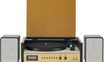 Crosley CR7017B-BK Coda 3-Speed Bluetooth Turntable and FM Radio Shelf System with Matching Stereo Speakers, Black CR7017B Coda, NP-15 Needle Black/Gold product image