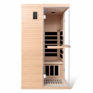 Far Infrared Home 1 Person Indoor Sauna Room 110V/1350W Hemlock Wooden Dry Sauna,Double Opening Tempered Glass Door，Internal and External LCD Controller，Bluetooth Player 33.5inX33.5inX69in product image