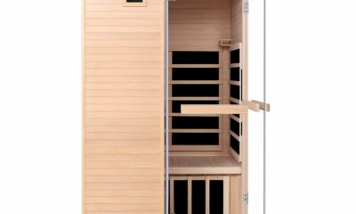 Far Infrared Home 1 Person Indoor Sauna Room 110V/1350W Hemlock Wooden Dry Sauna,Double Opening Tempered Glass Door,Internal and External LCD Controller,Bluetooth Player 33.5inX33.5inX69in product image