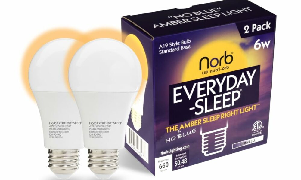 Norb Everyday Sleep Light Bulb - No Blue, Amber LED, 2000K Nighttime Lighting for Bedroom, Dimmable A19 Bulb Promotes Natural Melatonin & Circadian Rhythm for Babies, Kids, Adults, 6W (2-Pack) product image