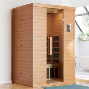 2- Person Infrared Sauna, Remotely Controllable Indoor Sauna, Low EMF 1500W/120V LCD Heater, WiFi & BT Control, 9-Color Light Therapy, Safe Flame-Retardant Material, Wood 2-person sauna/47.24" x 39.37" x 72.83" product image