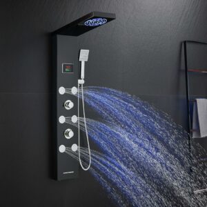 LED Rainfall Shower Tower System, Stainless Steel Hydroelectric Shower Panel Tower System (No battery need) with 6 Pcs Body Jets, Black Black - 6 Body Jets product image