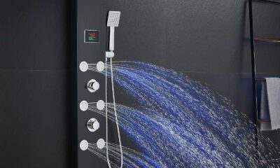 LED Rainfall Shower Tower System, Stainless Steel Hydroelectric Shower Panel Tower System (No battery need) with 6 Pcs Body Jets, Black Black - 6 Body Jets product image