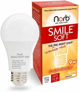 NorbSMILE Soft Full Spectrum Light Bulb. Sunlike Softer-Hue A19 Wellness LED. Boost Energy, Mood & Performance, Support Circadian Rhythm, Near-Perfect Color Rendering, Patented, US Based (1-Pack) Smile Soft 9W (1 Pack) product image