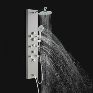 ROVOGO Shower Panel Tower System - Use 4 Functions at the Same Time: Rain Shower, Handheld, Body Jets and Tub Spout, 304 Stainless Steel Shower Column with Adjustable Head, Brushed Brushed Panel+Chrome Fixtures