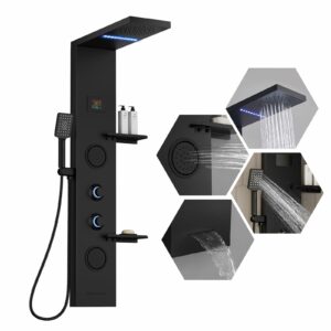 Homevacious 4 In 1 Shower Panel Shelf LED Rainfall Shower Head and Adjustable Massage Body Jets 3-Functions with Handheld Shower Tub Spout Stainless Steel Bathroom Shower Fixtures Matte Black LED Shower Panel Matte Black product image