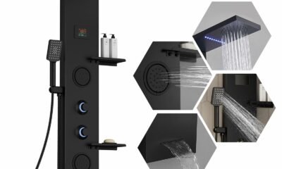Homevacious 4 In 1 Shower Panel Shelf LED Rainfall Shower Head and Adjustable Massage Body Jets 3-Functions with Handheld Shower Tub Spout Stainless Steel Bathroom Shower Fixtures Matte Black LED Shower Panel Matte Black product image