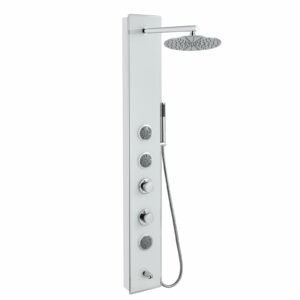 MENATT White Glass Shower Panel Tower System, 304 Stainless Steel and Glass 4 in 1 Shower Tower System with 9-inch Shower Head, 3 Body Massage Jets, Handheld Shower and Tub Spout Round Shower