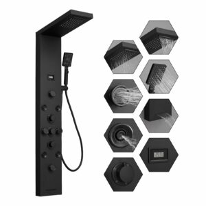 BWE Stainless Steel Shower Panel Tower System,Rainfall Waterfall Shower Head,3 Functions Handheld Shower Head,Two Modes Massage Body Jets,with Tub Spout,5 in 1 Shower Panel System,Matte Black product image