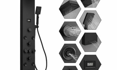 BWE Stainless Steel Shower Panel Tower System,Rainfall Waterfall Shower Head,3 Functions Handheld Shower Head,Two Modes Massage Body Jets,with Tub Spout,5 in 1 Shower Panel System,Matte Black product image