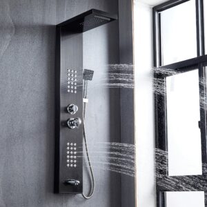 Delavin Multi Fuction Shower Panel, Shower Tower, Rainfall Waterfall Stainless Steel Shower Panel Tower System, Full Body Shower System with Body Jets, Tub Spout, Handheld Shower, Brushed Black Brushed Black-A product image