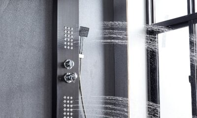 Delavin Multi Fuction Shower Panel, Shower Tower, Rainfall Waterfall Stainless Steel Shower Panel Tower System, Full Body Shower System with Body Jets, Tub Spout, Handheld Shower, Brushed Black Brushed Black-A product image