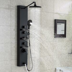 ROVOGO Shower Panel Tower System, 4-Function (Rain Shower, Handheld Sprayer, Body Jets, Tub Spout) with Simultaneous Use Option, Stainless Steel Shower Column with Adjustable Head, Black All Black