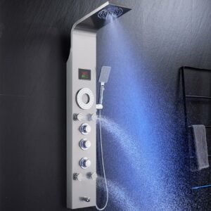 ROVOGO Shower Panel Tower System Unibody Design, Rain Mist Shower, Body Jets, Handheld and Tub Spout, No Battery Needed Led Lights and Temp Display, Shower Column 304 Stainless Steel Brushed Brushed-6 Modes