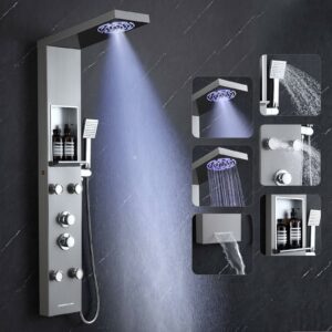 ROVOGO Shower Panel Tower System with Shelf, Rainfall & Mist Shower Head with Led Lights, Body Jets, Handheld and Tub Spout, Stainless Shower Column with Mixer Valve, Brushed Brushed-Battery Powered