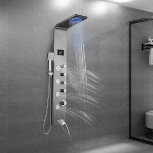 ROVOGO Shower Panel Tower with Rainfall Shower, Body Jets, Handheld and Tub Spout, No Battery Needed Led Lights and Temp Display, Unibody Shower Column 304 Stainless Steel, Brushed Brushed-4 Modes