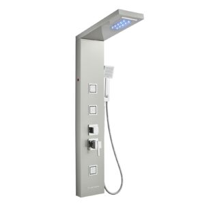 MENATT Shower Panel Tower System with LED Lights, 5 In 1 Shower Panel with Rainfall and Waterfall Shower Head, 3 pcs Massage Spray, Handheld Shower, Waterfall Tub Spout Brushed Nickel With 3 Body Jets