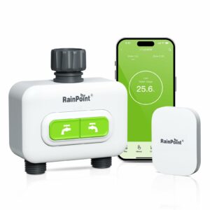 RainPoint 2-zone Wireless Smart Water Timer with Hub for Outdoor Irrigation Rain Delay, APP Remote Control WiFi Watering Timer for Garden Faucet with 2 Outlets Automatic Schedules for Lawn,Garden,Yard product image