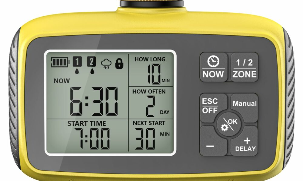 Programmable 2-Zone Smart Sprinkler Timer - Outdoor Automatic Irrigation Water Timer with Rain Delay & Waterproof Brass Swivel for Lawn, Garden, Pool (Yellow) product image