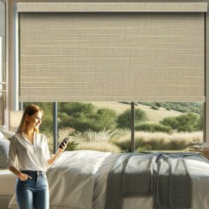 HILADUO Motorized Roller Blinds Customized Size Width 20-105 Inches Window Roller Shades with Fabric Insert Aluminum Valance Style, Rechargeable Roller Shades with Built-in Zigbee Battery Motor Burlap Chester - Bo Aluminum product image