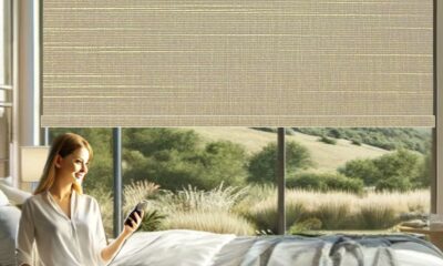 HILADUO Motorized Roller Blinds Customized Size Width 20-105 Inches Window Roller Shades with Fabric Insert Aluminum Valance Style, Rechargeable Roller Shades with Built-in Zigbee Battery Motor Burlap Chester - Bo Aluminum product image