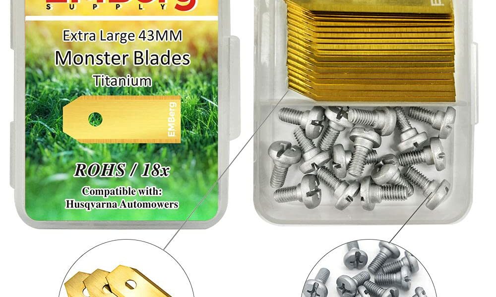 EMBerg Monster XL Blades (18 Pack) for Automower Models as Well as Gardena and McCulloch Robotic Lawnmowers. (Titanium) product image