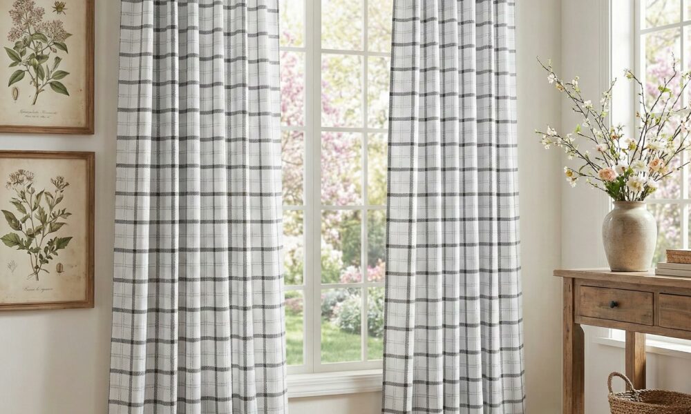 NICETOWN Cabin White Plaid 100% Blackout Windowpane Curtain Panels with Rod Pocket Back Tab Room Darkening Energy Efficient Buffalo Check Window Curtain Drapery Set for Bedroom, 2 Panels, 52 W x 84 L 52"W x 84"L (Pack of 2) Plaid | White & White product image