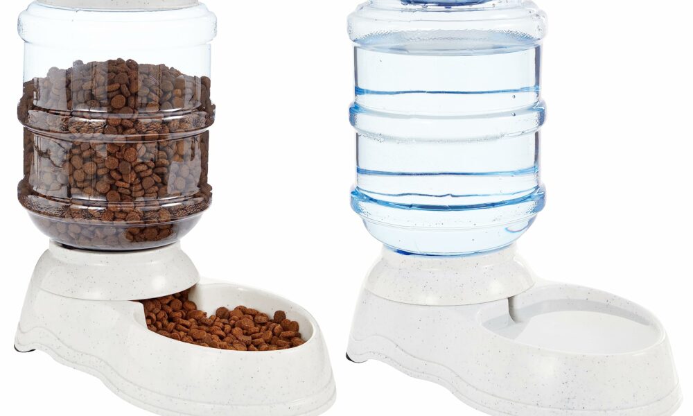 Amazon Basics Automatic Dog Cat Water Dispenser Gravity Feeder Set, Pack of 2, Small, 6-Pound Food Capacity, 1-Gallon, Gray Waterer + Feeder Small product image