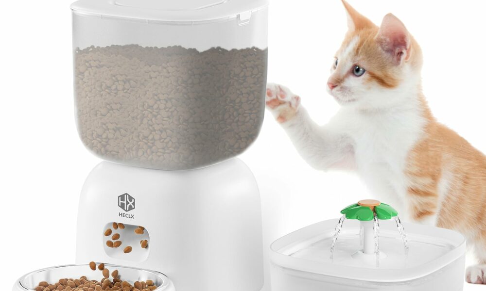 Automatic Cat Feeder with 3L Dry Cat Food Dispenser and 2L Water Fountain, Timed Dog Feeder with Portion Control and Daily Meals, Wire/Battery Automatic Feeders in White product image