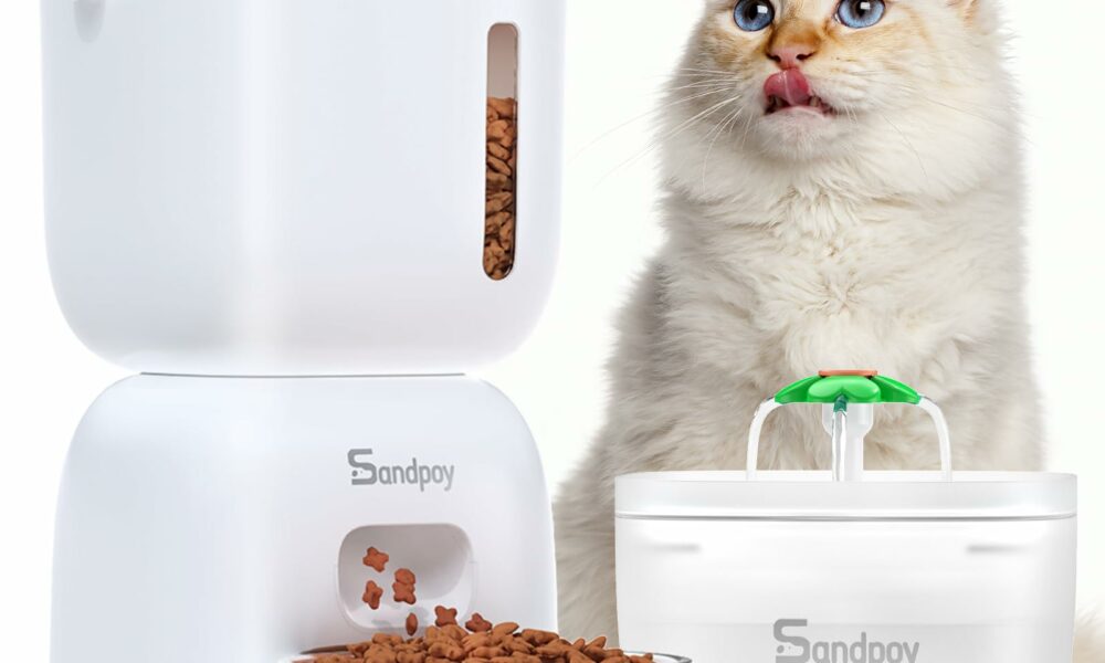 Automatic Cat Feeder and Water Dispenser FW1, 3L Cat Food Dispenser with Locking Lid, Two-in-One Set Timed Dog Feeder for Cats and Puppies, Pet Feeder with Portion Control, 4 Daily Meals White product image
