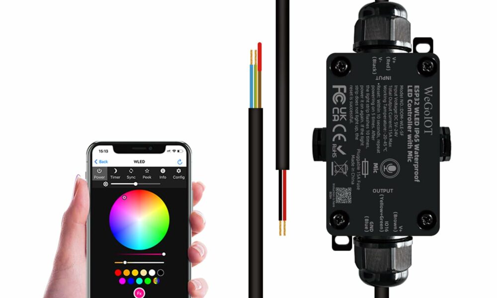 Waterproof ESP32 WLED Controller with Mic , Project for Pool Boat Landscape Outdoor Lights IP65 Dynamic RGB IC DIY Lighting WiFi APP Control for WS2812B DC5-24V RGBW LED Controller (1 Channel) product image